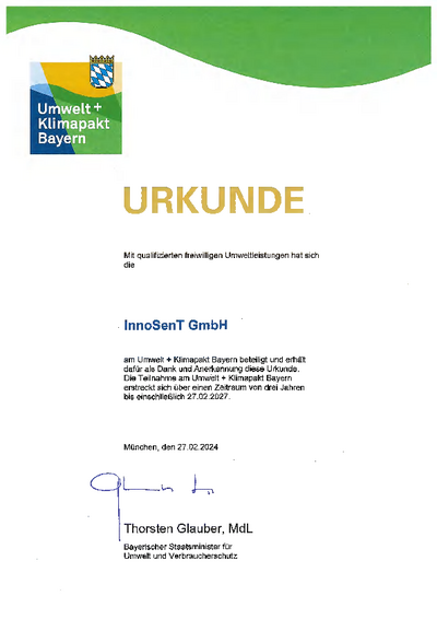 Urkunde Umwelt- und Klimapakt Bayern InnoSenT GmbH